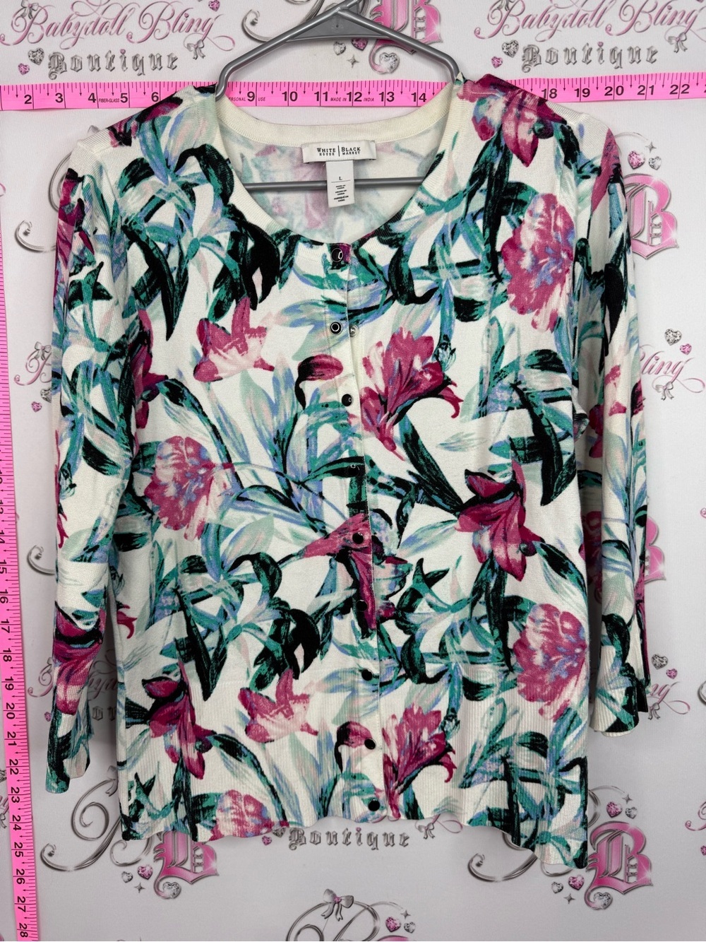 White House Black Market Floral Button-Front Top in White, Pink & Green